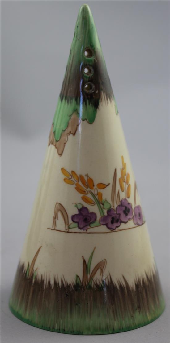 A Clarice Cliff conical sugar sifter, 14cm, splinter chip to foot